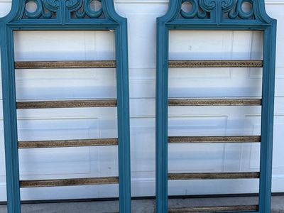 Teal Arched Window Frames - Set of 2 with Ornate Carved Detail & Built-in Shelves,