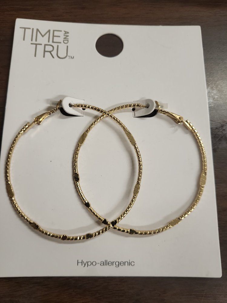 Hypoallergenic Gold Tone Textured Hoop Earrings - New