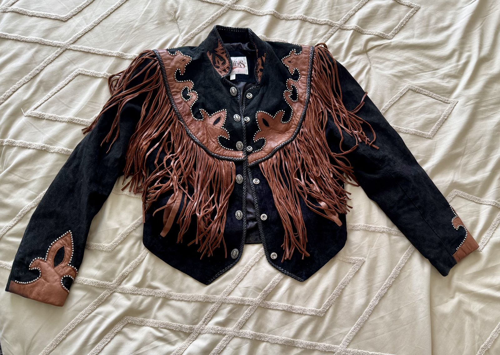 Leather & Suede Fringe Motorcycle Jacket - Size 10