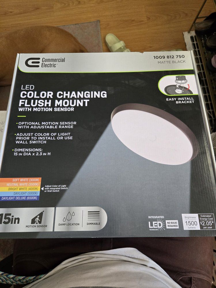 Commercial Electric 15in Matte Black LED Color Changing Flush Mount Light with Motion Sensor
