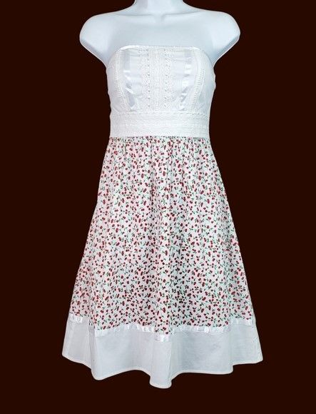 White & Red Cherry Print Strapless Dress - New