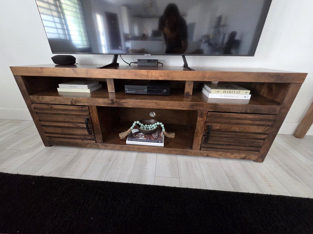 Wooden TV Stand/Media Console - Dark Wood Finish, Slatted Doors, Spacious Storage