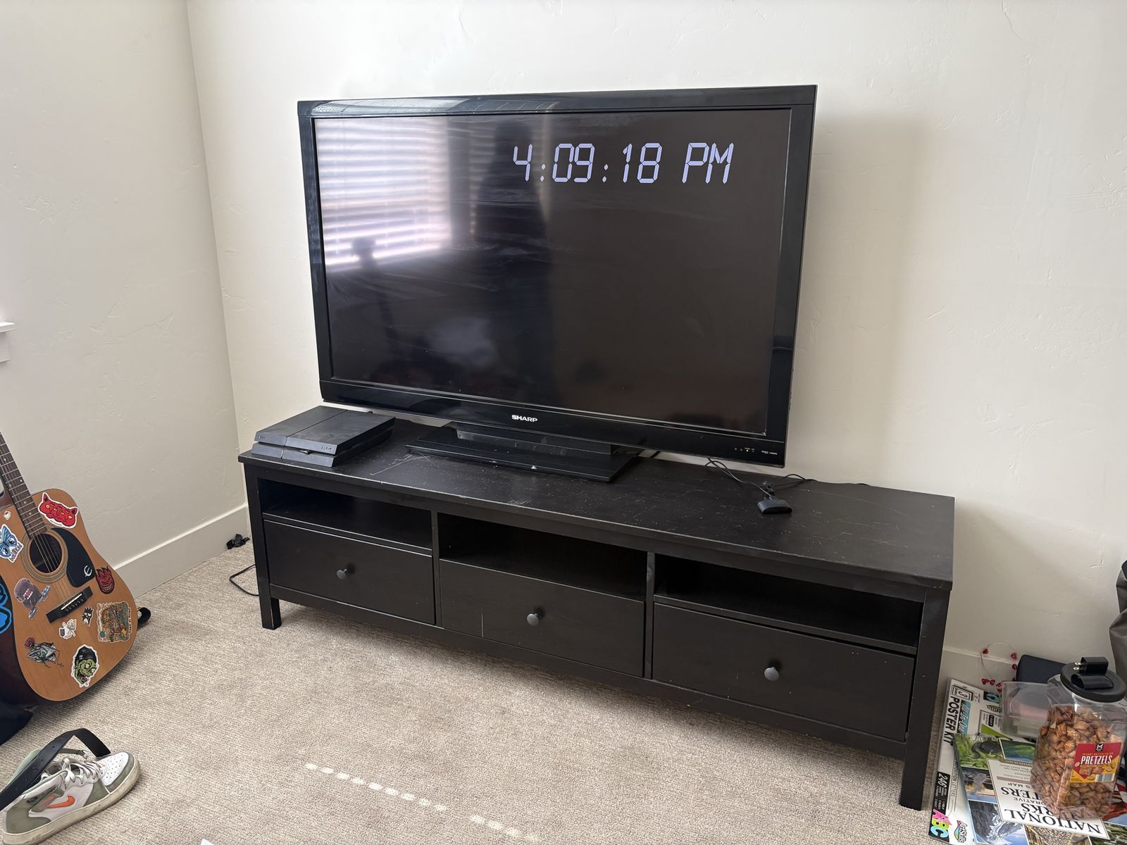 TV, small tv stand and table