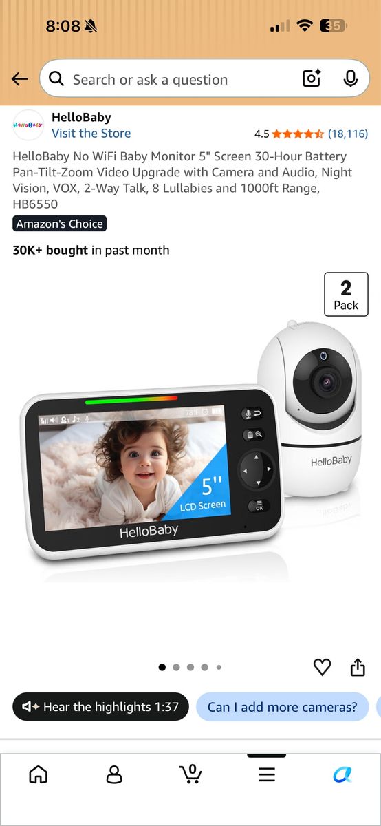 HelloBaby HB6550 No WiFi Baby Monitor with 5" Screen, Pan-Tilt-Zoom Camera, 2-Way Talk