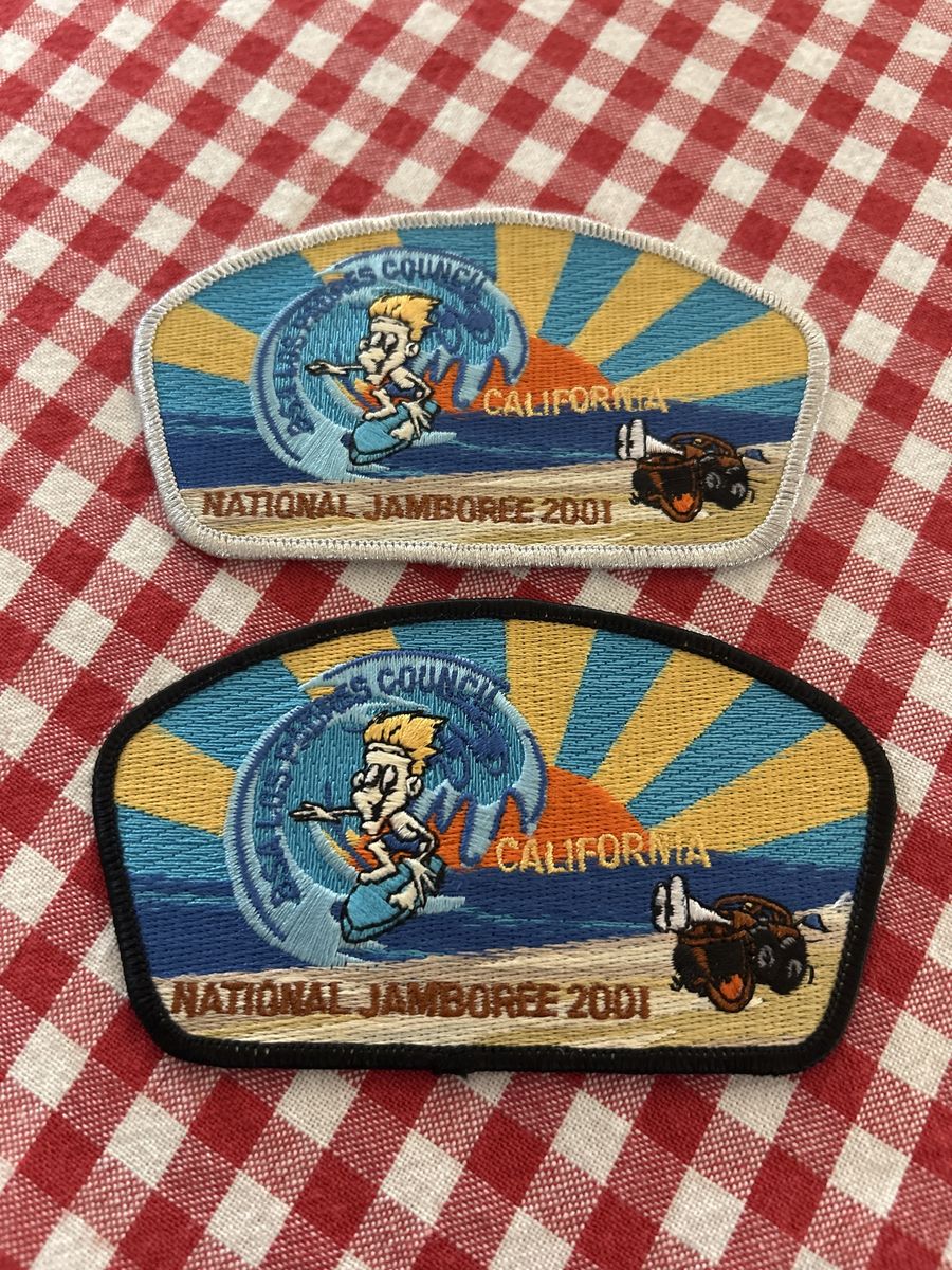 2001 National Jamboree Los Padres Council California Boy Scouts Patches Set of 2 Black & Silver Mylar BSA Brand New 
