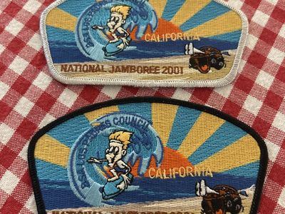2001 National Jamboree Los Padres Council California Boy Scouts Patches Set of 2 Black & Silver Mylar BSA Brand New