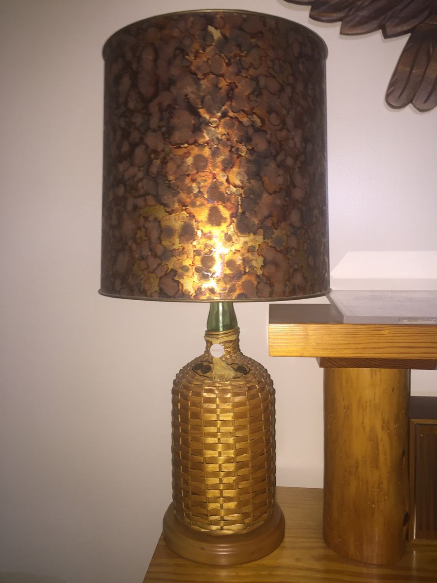 (2)Wicker-wrapped Ron Bacardi Superior Rum Demijohn Bottle Table Lamps with Striking Mottled Copper-Patina Cylindrical Shades