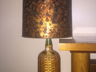 (2)Wicker-wrapped Ron Bacardi Superior Rum Demijohn Bottle Table Lamps with Striking Mottled Copper-Patina Cylindrical Shades