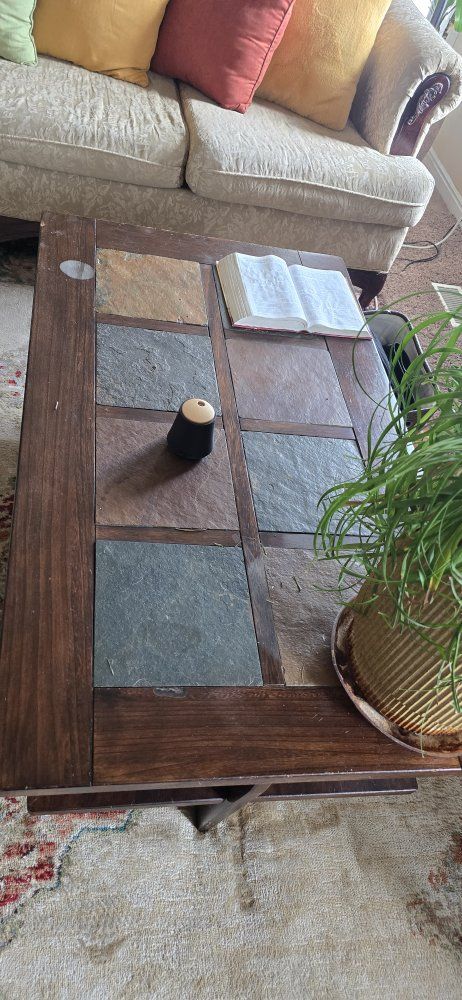 Wooden Coffee &Side Tables with Slate Tile Top and Storage Shelf