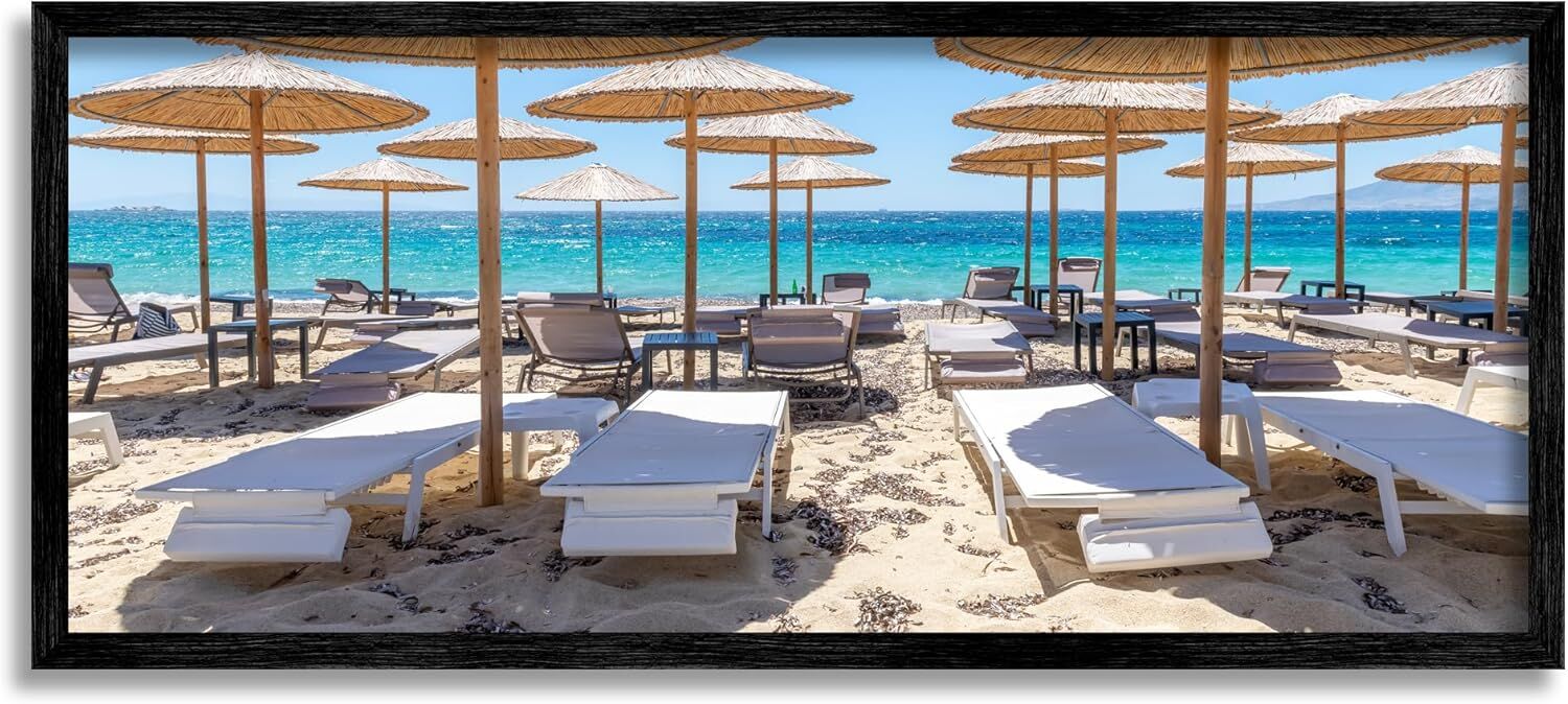 OVERSIZED 13" x 30" - HIGH QUALITY Stupell Industries Bamboo Beach Umbrellas Framed Giclee Art by Silver