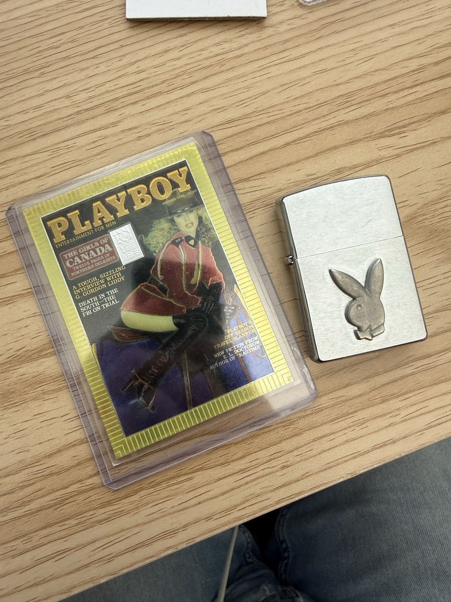 Playboy October 1980 silver gram chromium cover card with lighter set 