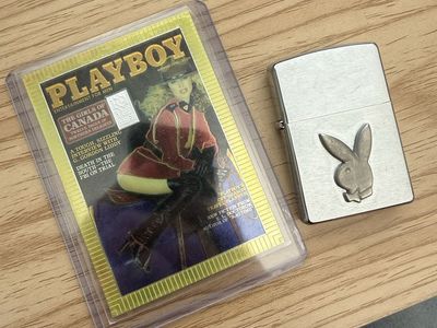 Playboy October 1980 silver gram chromium cover card with lighter set