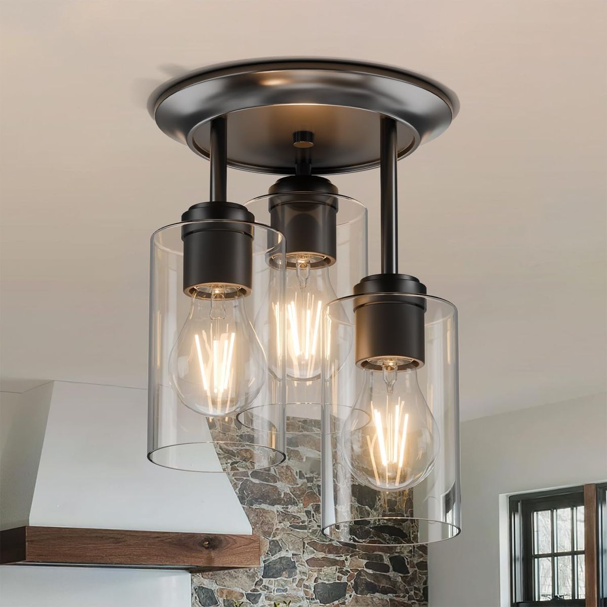 3-Light Matte Black Semi Flush Mount Ceiling Light Fixture
