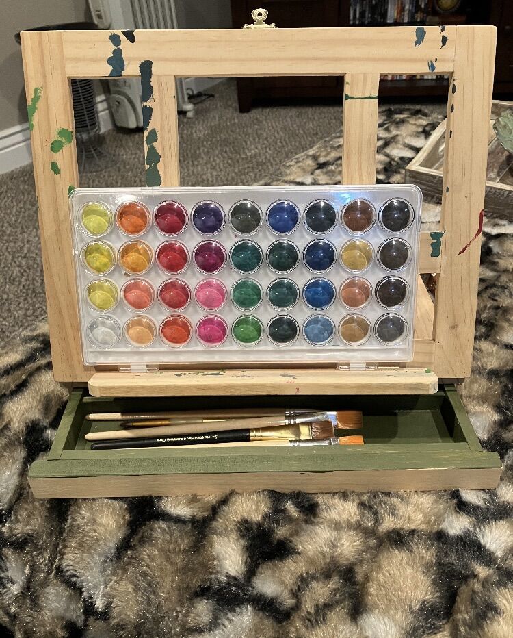 Table Easel with Paints and Brushes