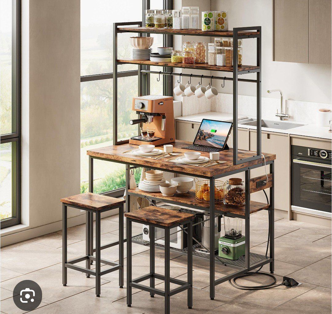 Kitchen Island with Storage, Built-in Outlets, 2 Shelves, 10 Hooks, Stools