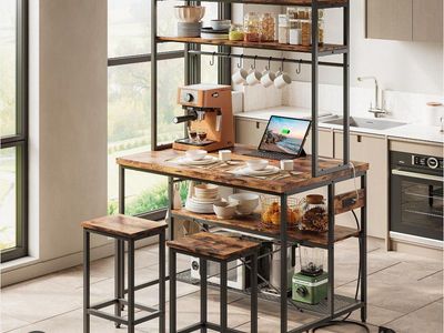 Kitchen Island with Storage, Built-in Outlets, 2 Shelves, 10 Hooks, Stools
