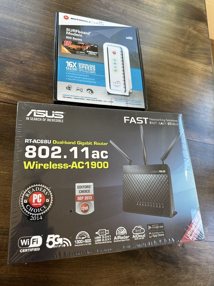 Router & Modem = ASUS RT-AC68U Router + ARRIS SURFboard SB6183 Modem – New, Sealed (Sell Together)