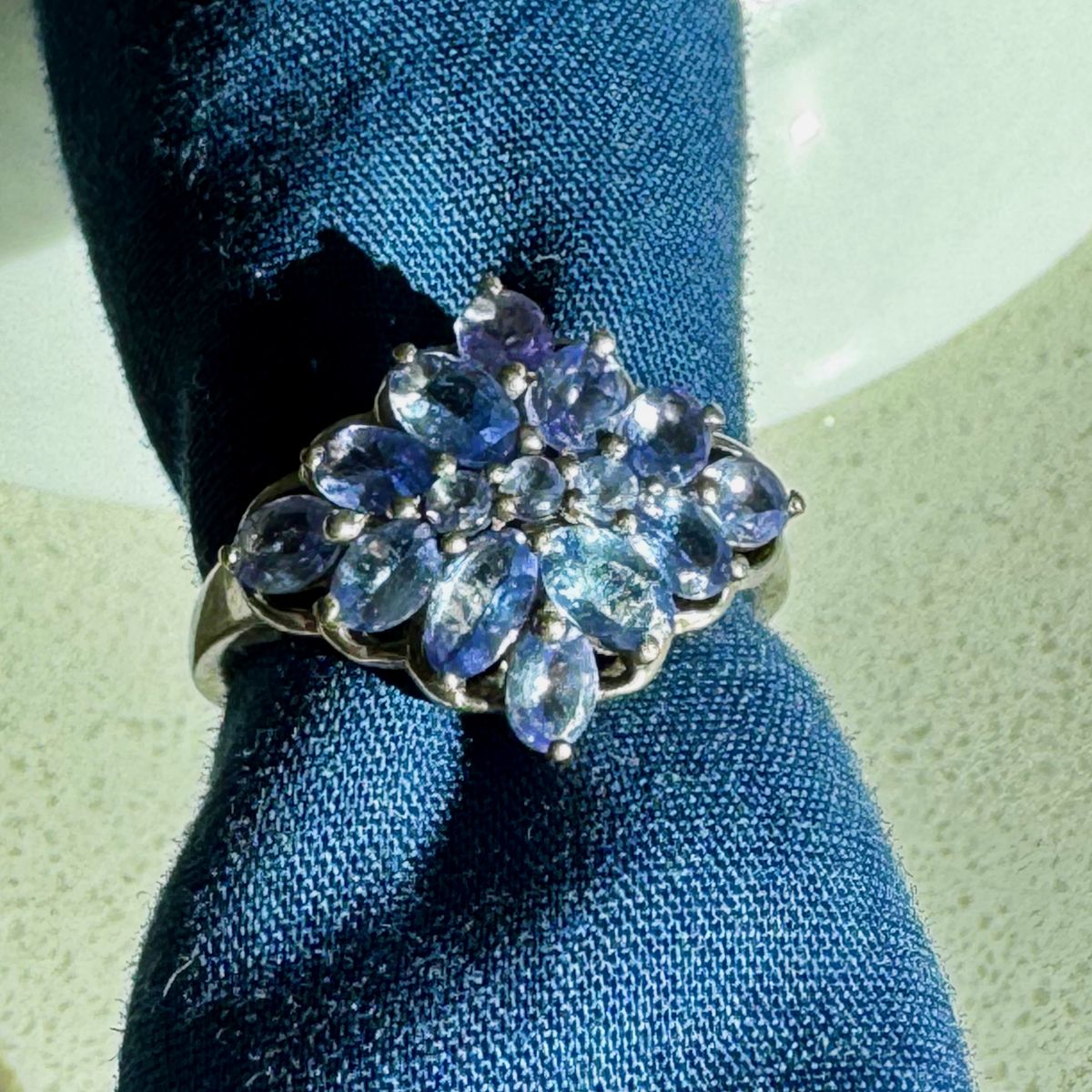 Vintage Sterling Silver Iolite Floral Cluster Statement Ring – Size 9