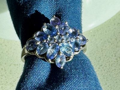 Vintage Sterling Silver Iolite Floral Cluster Statement Ring – Size 9