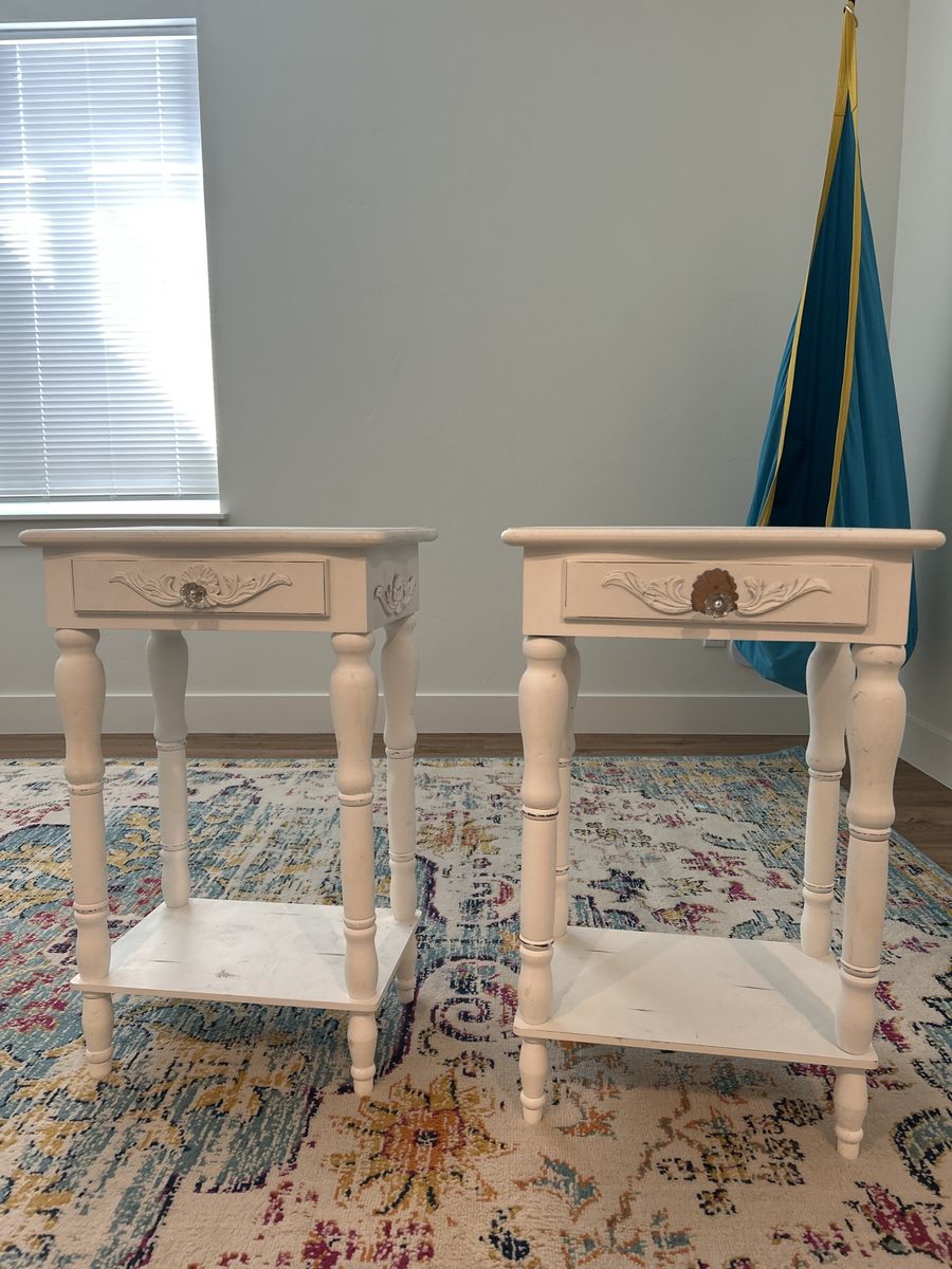 Distressed White Wood Nightstands / End Tables - Set of 2 with Drawers & Shelves