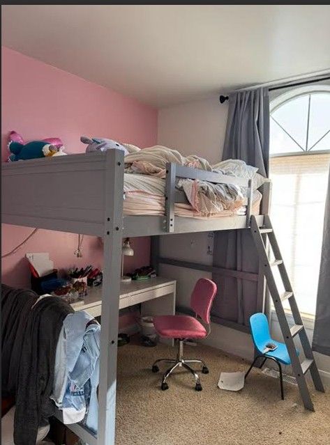 Gray Twin Loft Bed Frame w/ Ladder & Desk Space - Perfect for Kids' Rooms