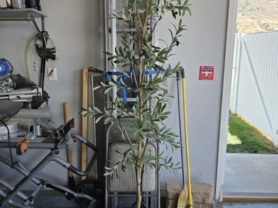 7' Large Faux Olive Tree - Realistic Home Decor with Woven Basket, Excellent Condition.