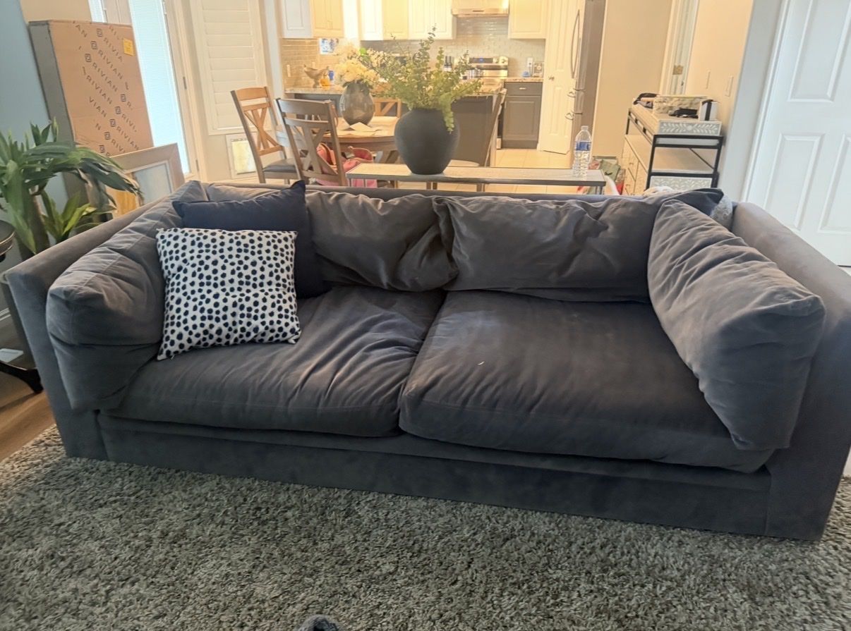 Used Grey Velvet extra Deep Comfortable Couch, Good Condition (have two exact matching)