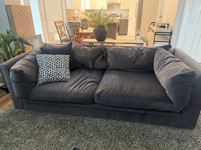 Used Grey Velvet extra Deep Comfortable Couch, Good Condition (have two exact matching)