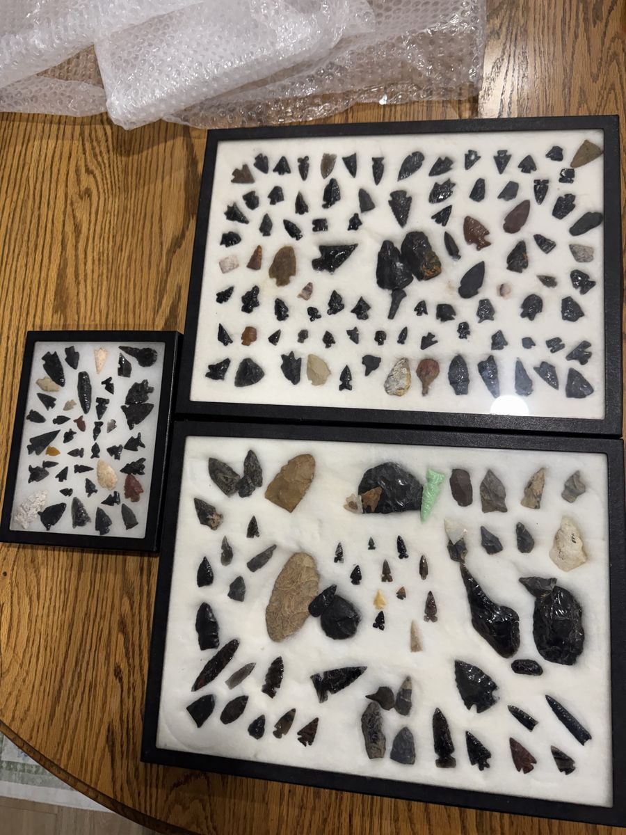 3 Glass Cases Of Native American Arrowheads