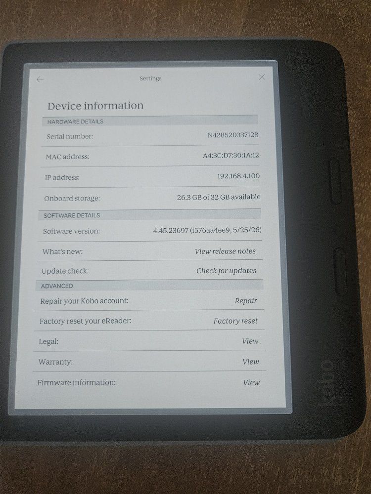 Kobo eReader - 32GB Onboard Storage - Excellent Condition used less than 2 weeks