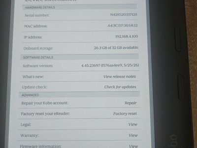 Kobo eReader - 32GB Onboard Storage - Excellent Condition used less than 2 weeks