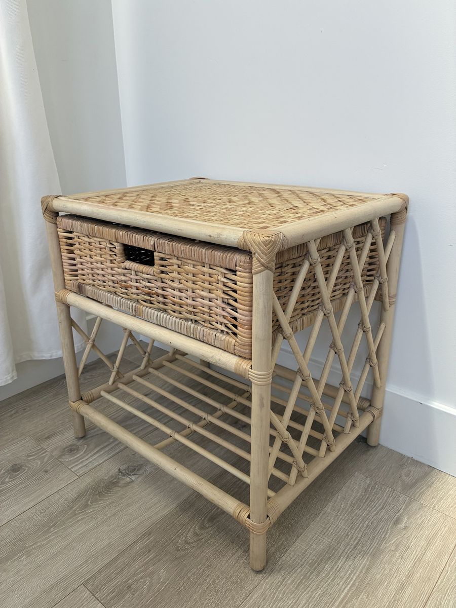 Natural Rattan Woven Wicker Nightstand Side Table with Drawer and Shelf