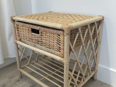 Natural Rattan Woven Wicker Nightstand Side Table with Drawer and Shelf