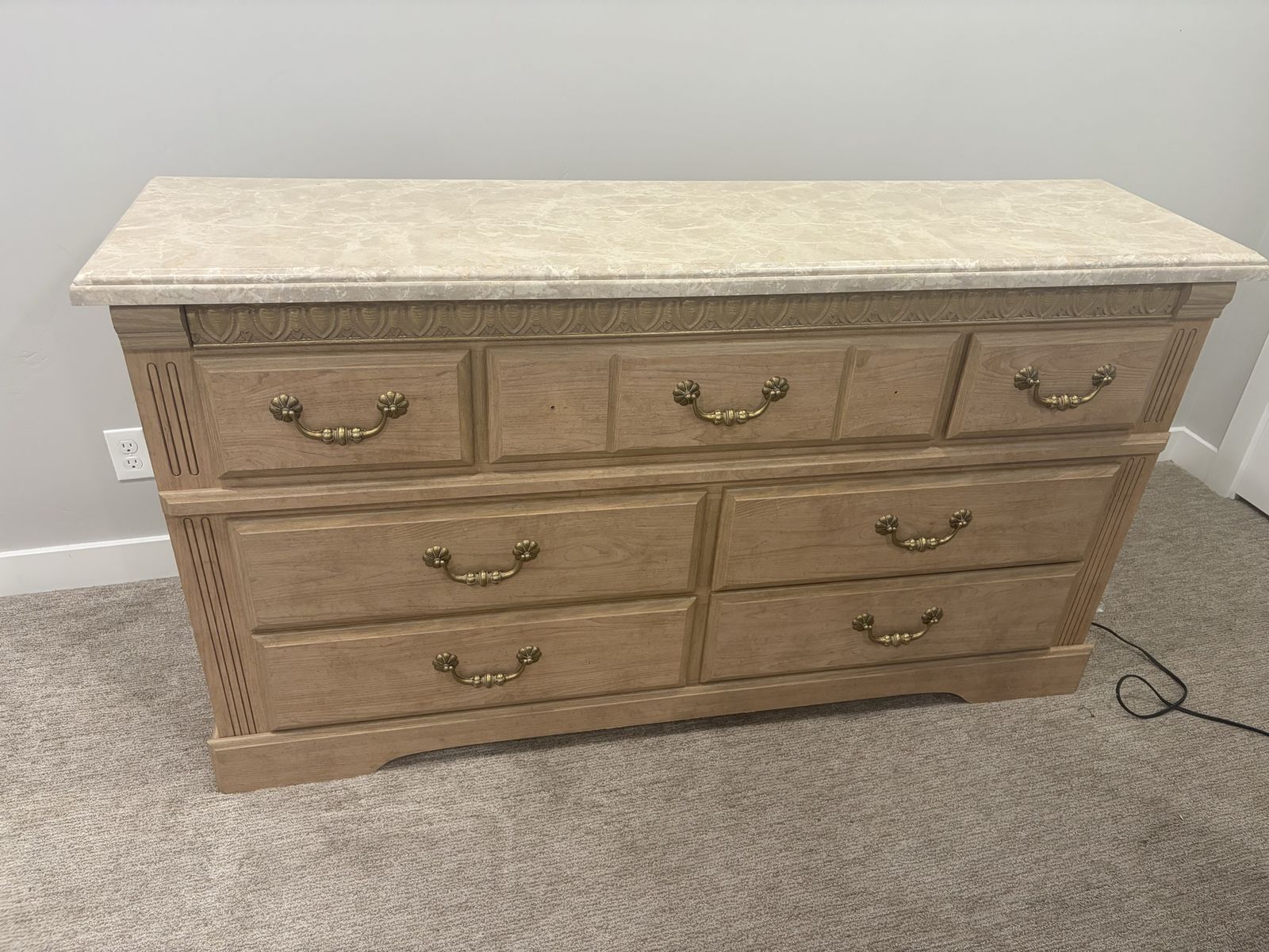 Vintage Light Oak Dresser with Faux Marble Top and Brass Handles