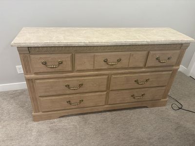 Vintage Light Oak Dresser with Faux Marble Top and Brass Handles