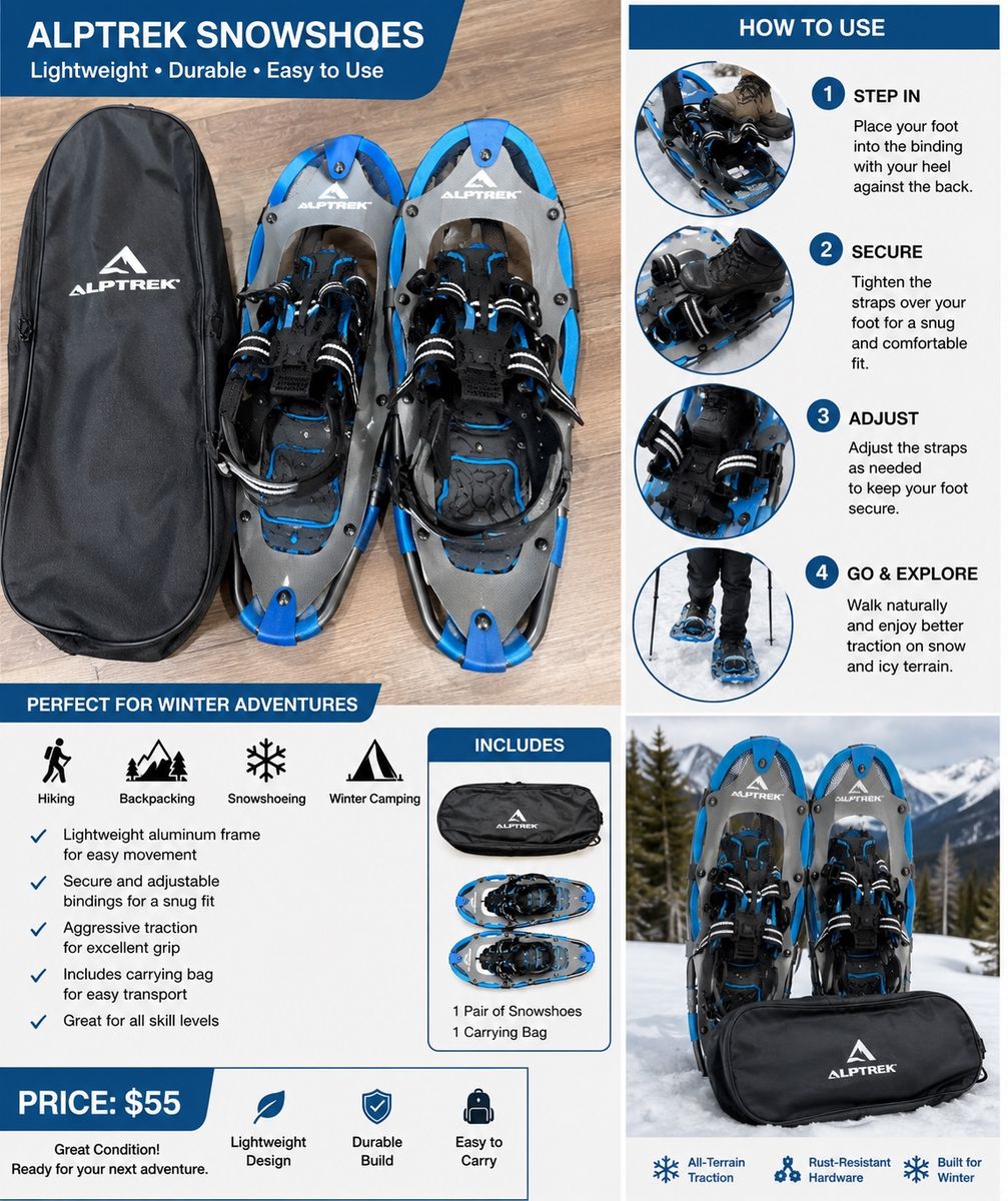 ALPTREK Snowshoes Lightweight Aluminum Frame Set with Carrying Bag Blue
