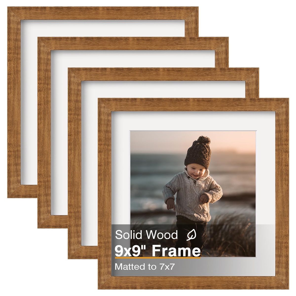 New! KINLINK 9x9 Picture Frames 4 Pack Teak Solid Wood Square Frames