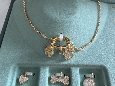 Custom Charm Bar Gold Plate Necklace with Paw Print, Bone, Heart, and Disc Charms