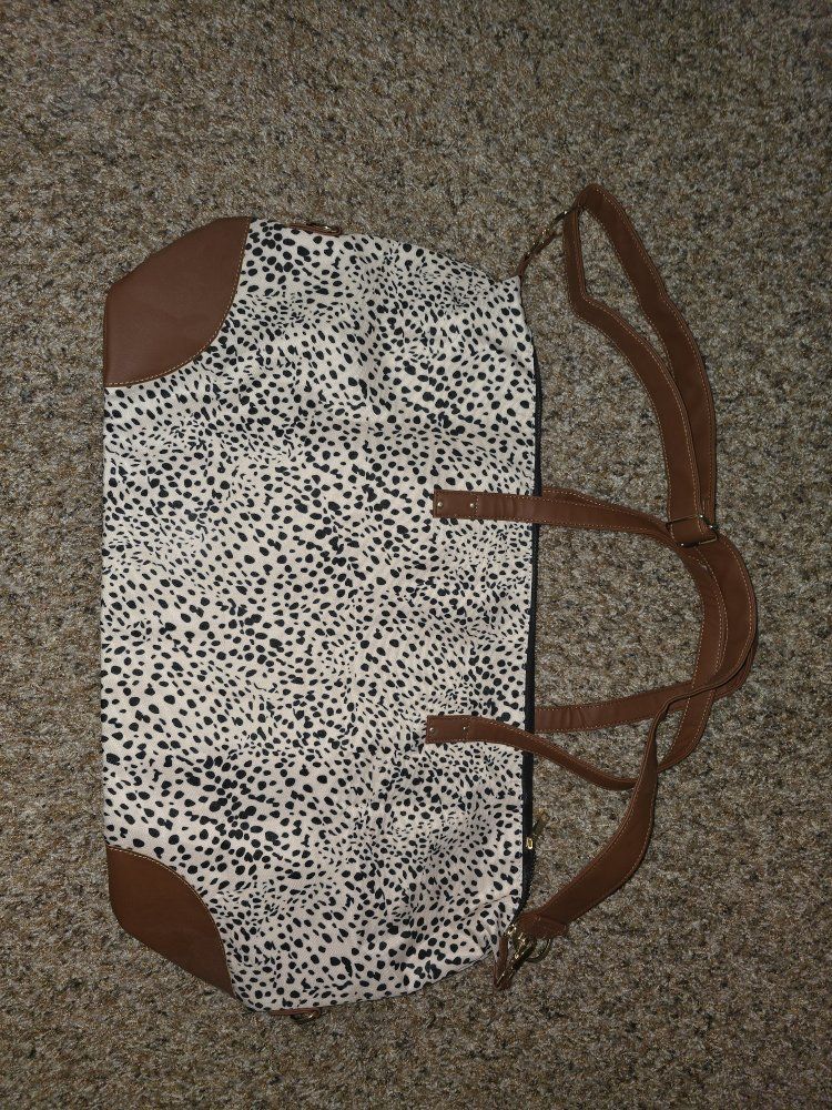 Spotted Print Canvas & Faux Leather Duffel Bag Travel Tote