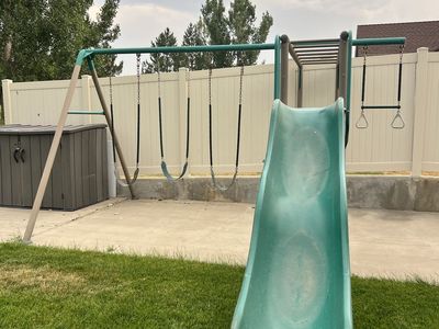 Outdoor Metal Swing Set & Slide with Monkey Bars - Great for Backyard Fun!