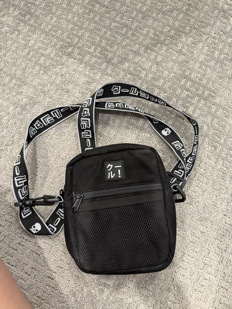 Unbranded Black Crossbody Bag with Skull & Japanese Text Strap