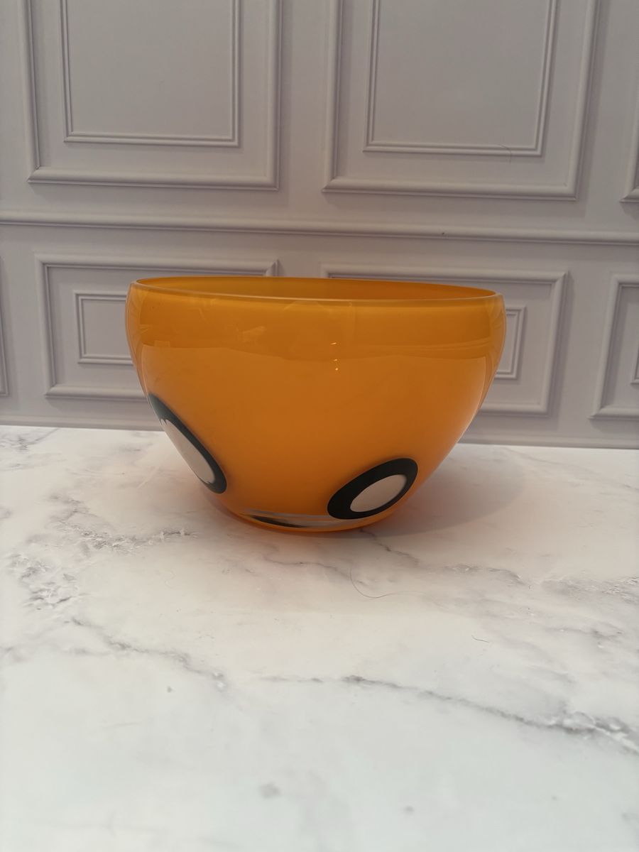 Retro Orange Art Glass Bowl w/ Black & White Dot Design