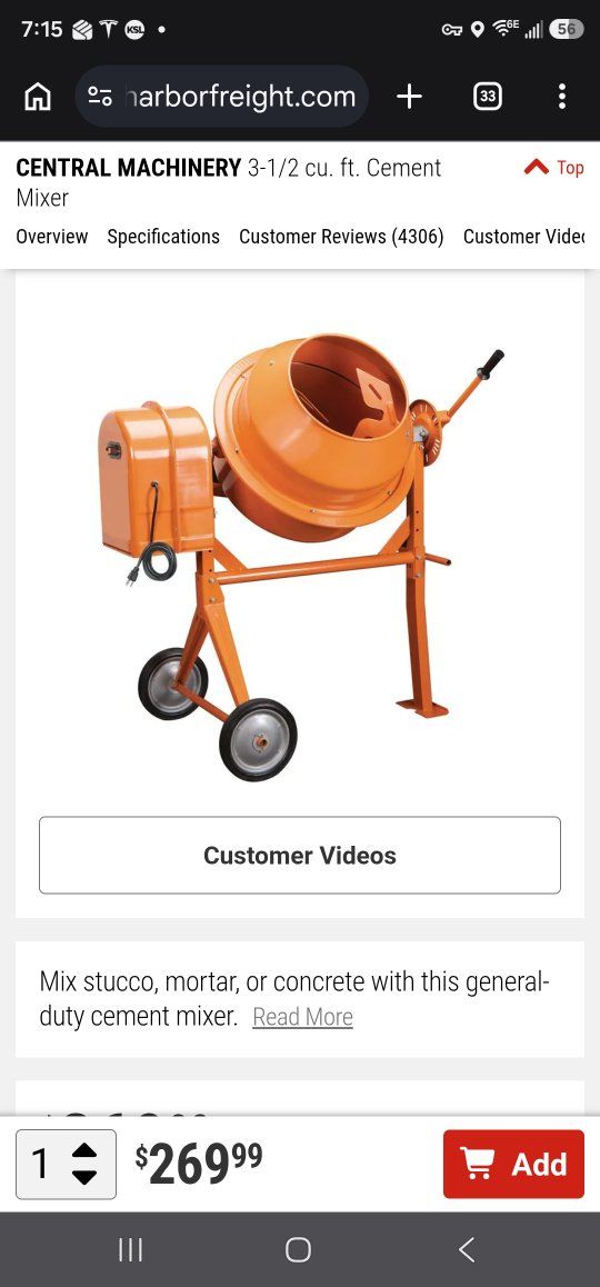 Central Machinery 3.5 cu. ft. Portable Cement Mixer - Mix Mortar & Concrete