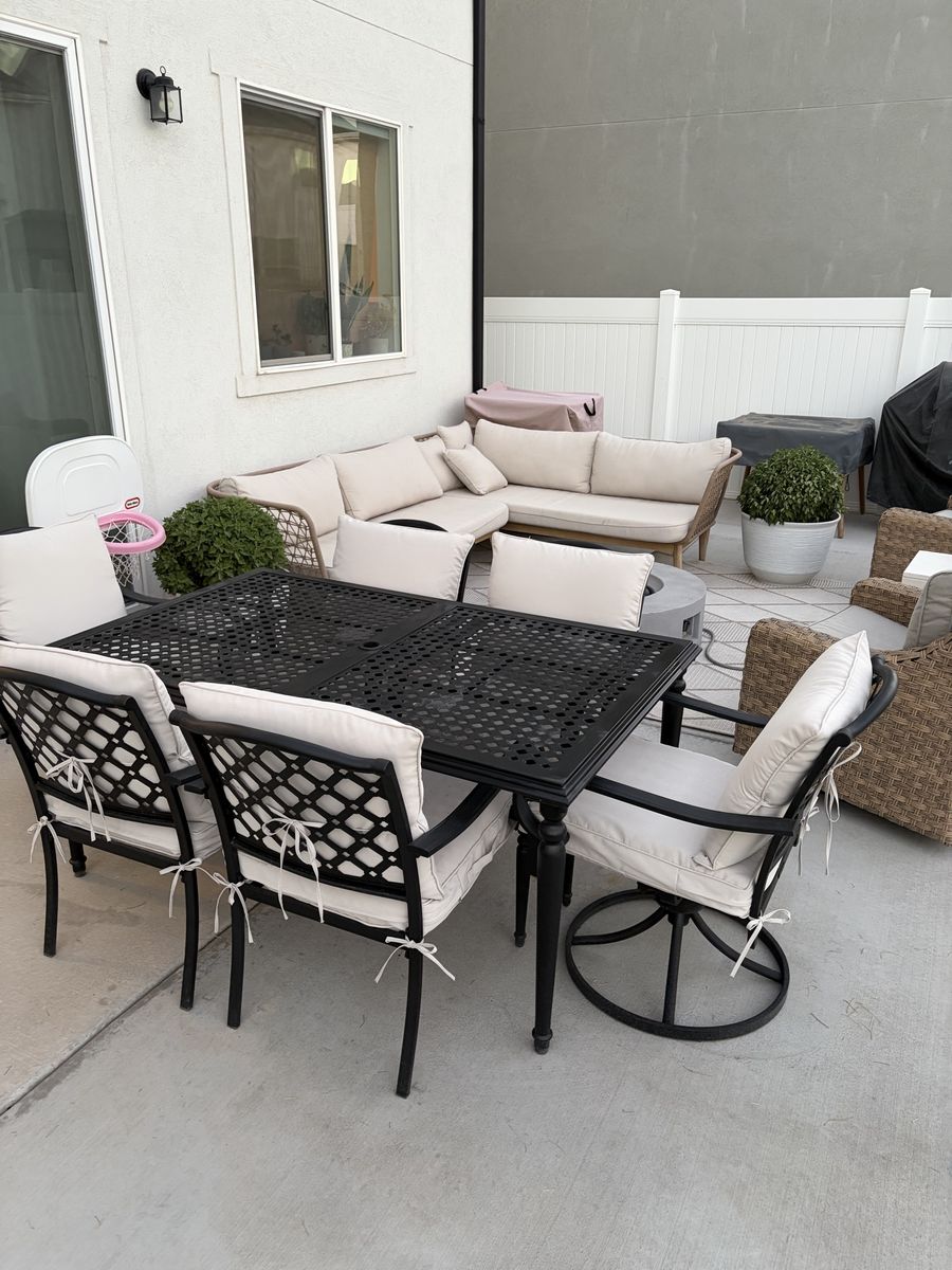 Outdoor Patio Dining Set - Cast Aluminum Black Table & 6 Chairs with Cushions