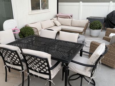 Outdoor Patio Dining Set - Cast Aluminum Black Table & 6 Chairs with Cushions