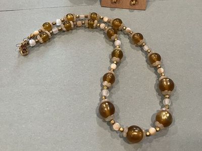 Vintage Beaded Gold Colored Necklace & Matching Drop Style Earrings