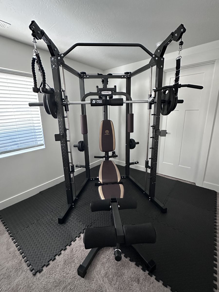 Marcy Smith Cage Machine with Workout Bench and Weight Bar Home Gym Equipment SM-4008