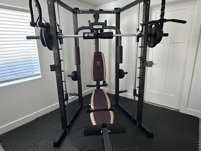 Marcy Smith Cage Machine with Workout Bench and Weight Bar Home Gym Equipment SM-4008