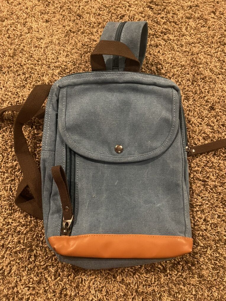Denim Blue And Brown Backpack Purse