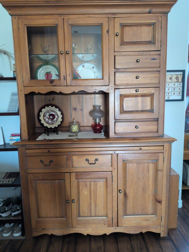Rustic Wood China Cabinet Hutch with Glass Doors & Drawers - Display & Storage